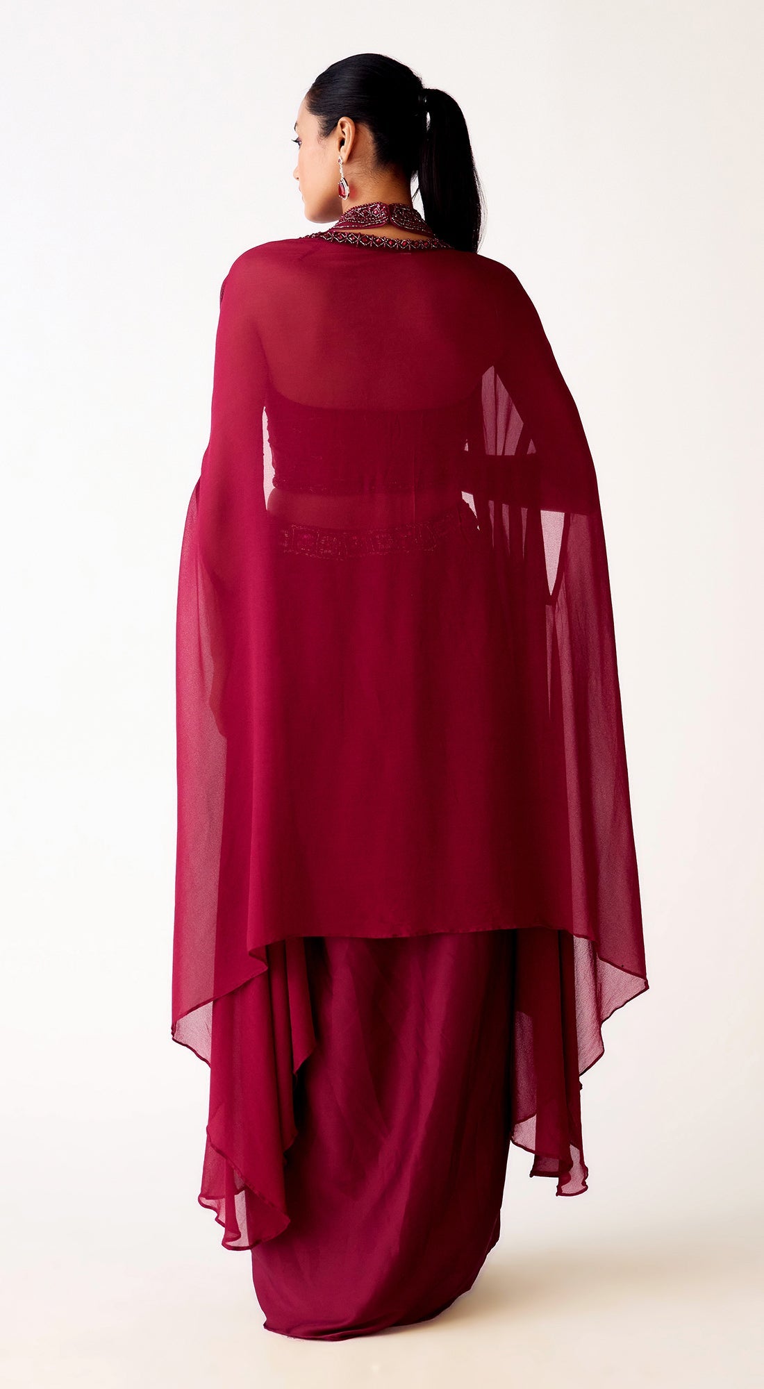 Maroon Satin Embroidered Cape Set