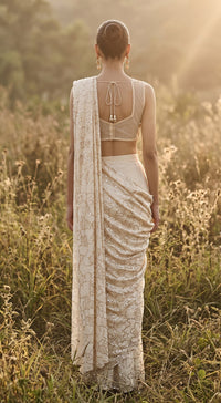 Ivory Organza Embroidered Draped Saree