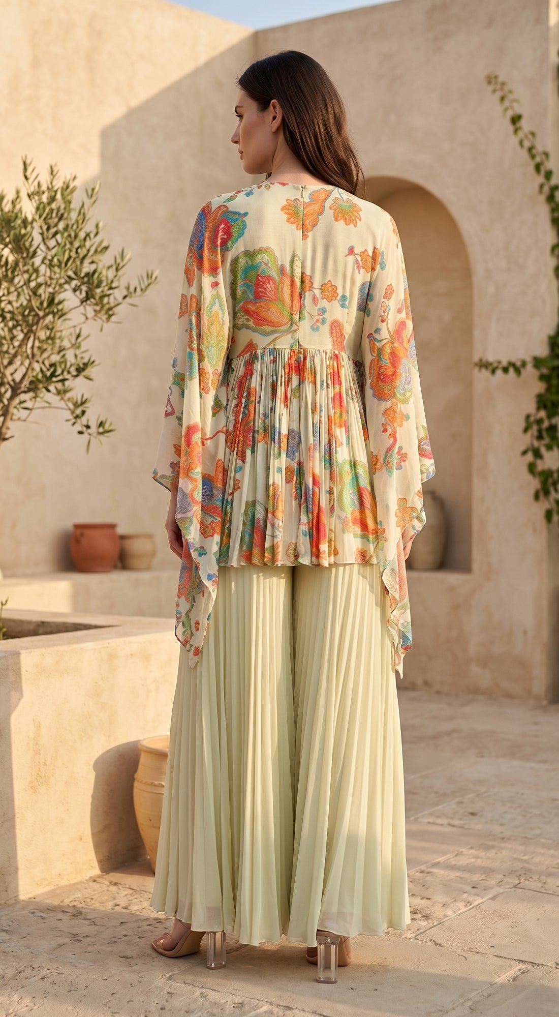 Ivory Pleat Embroidered Sharara Set