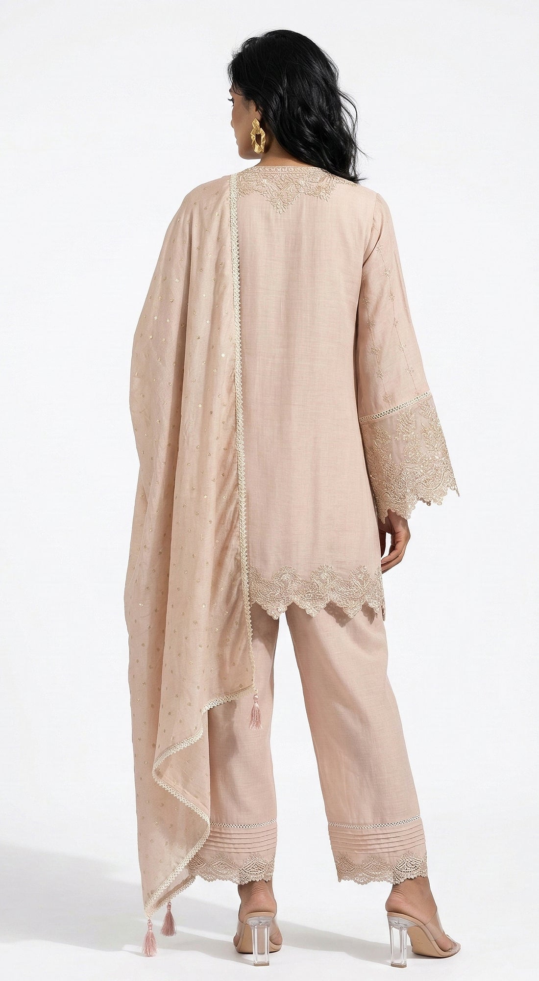 Peach Cotton Chanderi Embroidered Kurta Set