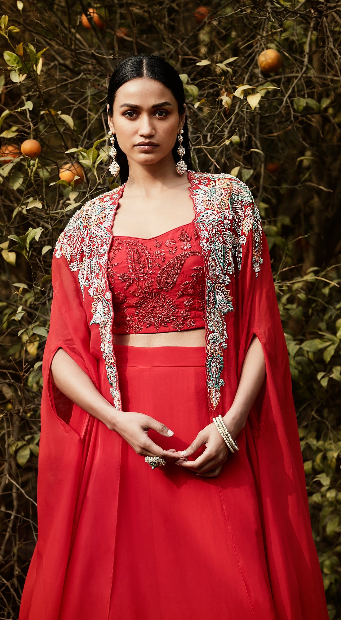 Red Embroidered Cape Set