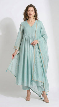 Aqua Cotton Embroidered Anarkali Kurta Set