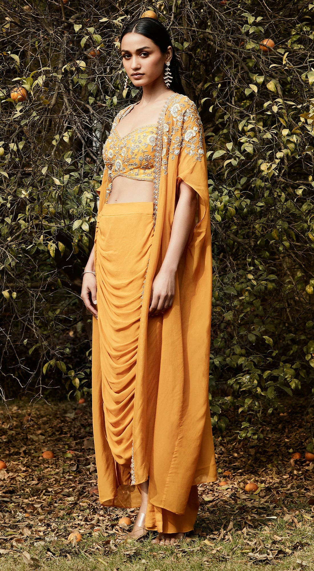 Orange Draped Dhoti & Cape Set