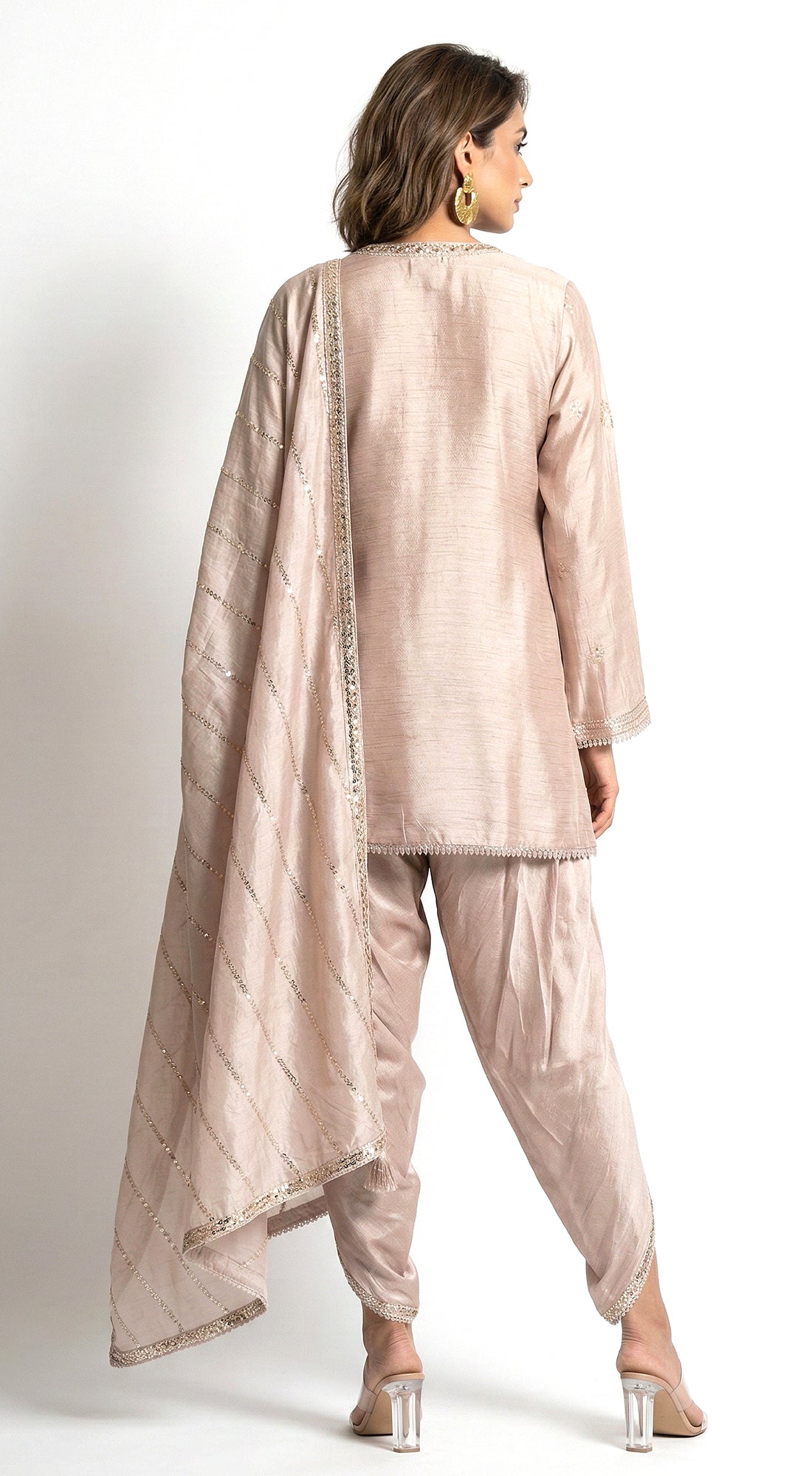Beige Chanderi Embroidered Kurta Set