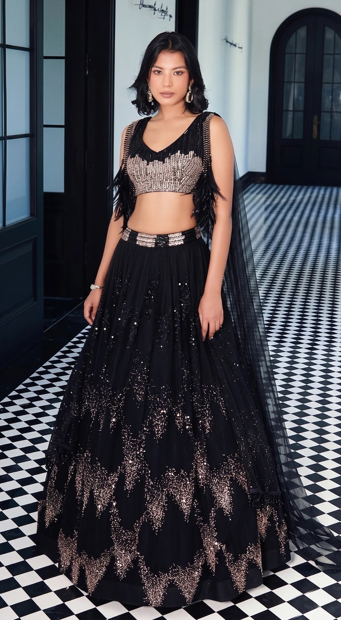 Black Sequins Net Embroidered Lehenga Set