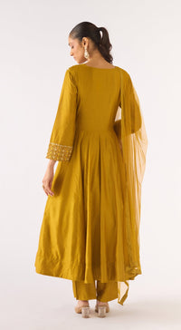 Mustard Cotton Silk Embroidered Anarkali Set