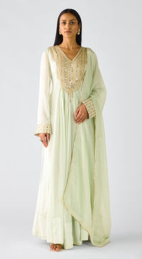 Pista Chiffon Embroidered Anarkali Set
