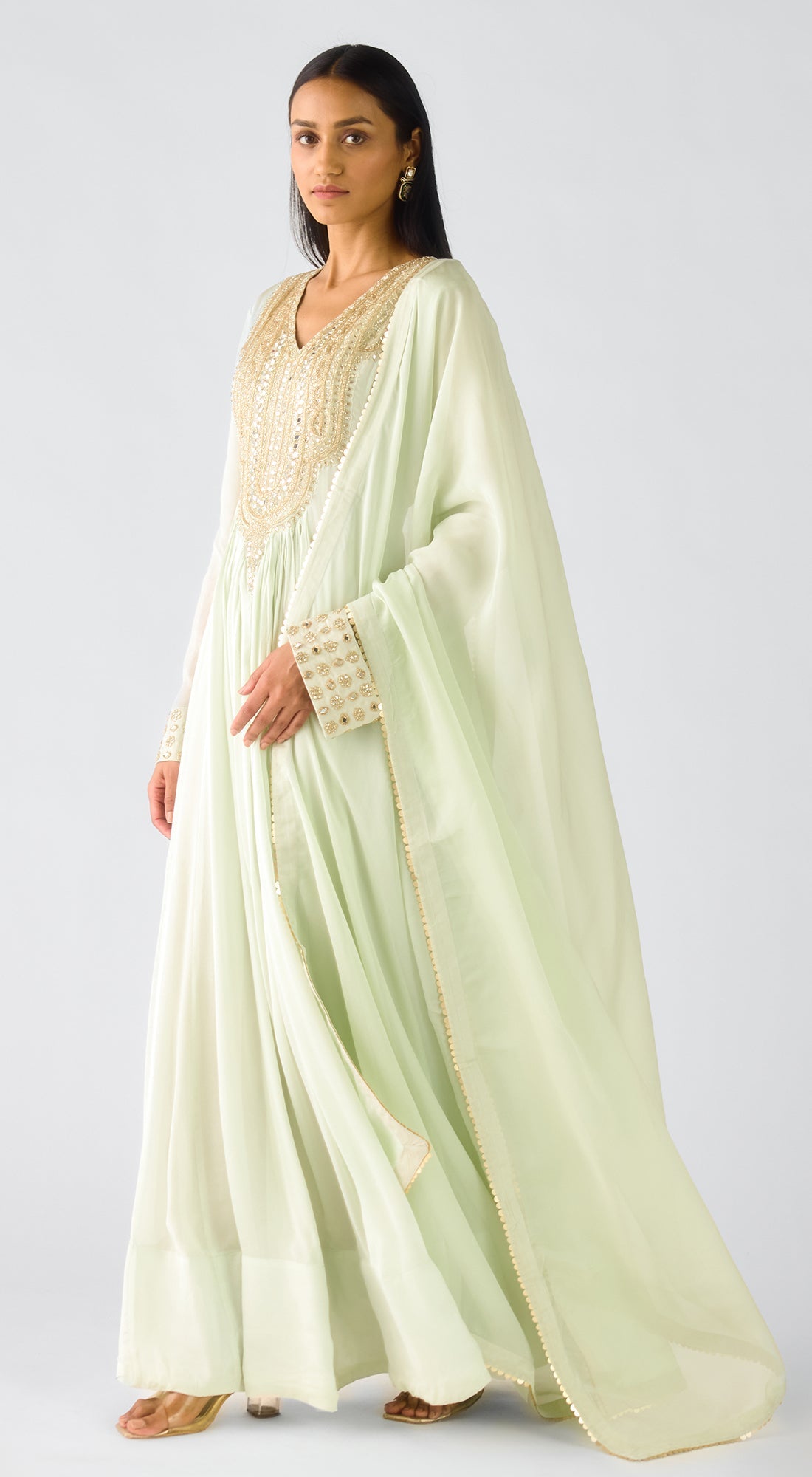 Pista Chiffon Embroidered Anarkali Set