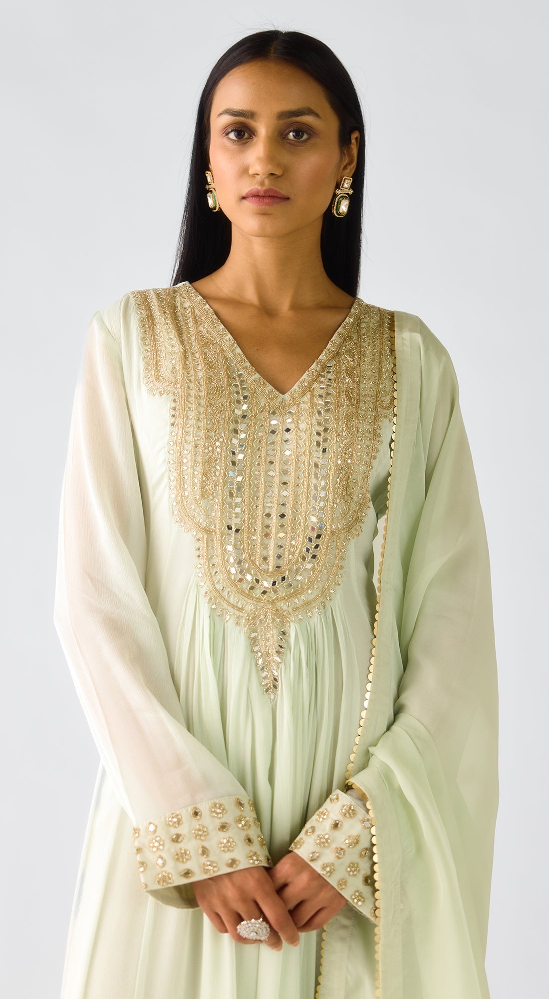 Pista Chiffon Embroidered Anarkali Set