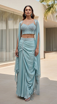 Aqua Crushed Tissue Embroidered Cape Set