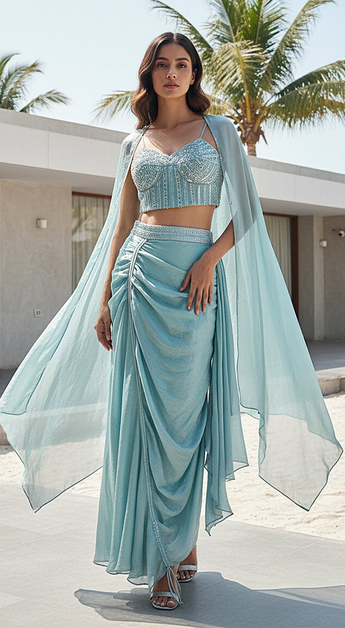 Aqua Crushed Tissue Embroidered Cape Set