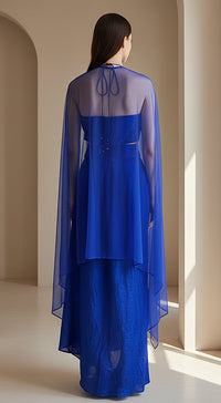 Blue Crushed Tissue Embroidered Cape Set