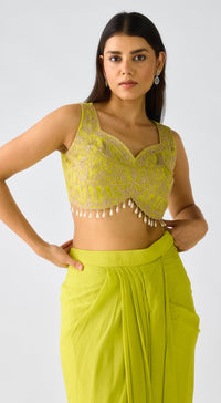 Lime Chiffon Embroidered Cape Set