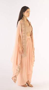 Peach Organza Embroidered Cape Set