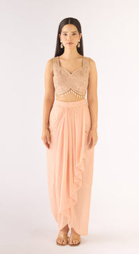 Peach Organza Embroidered Cape Set