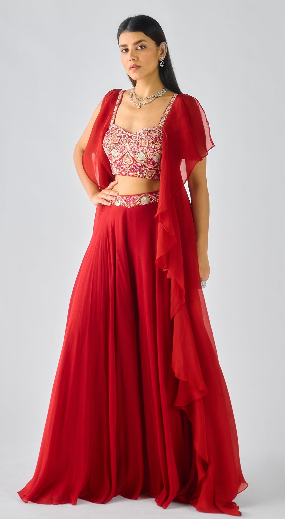 Red Chiffon Embroidered Cape Set
