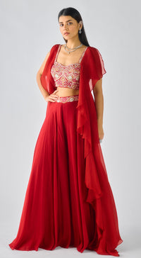 Red Chiffon Embroidered Cape Set