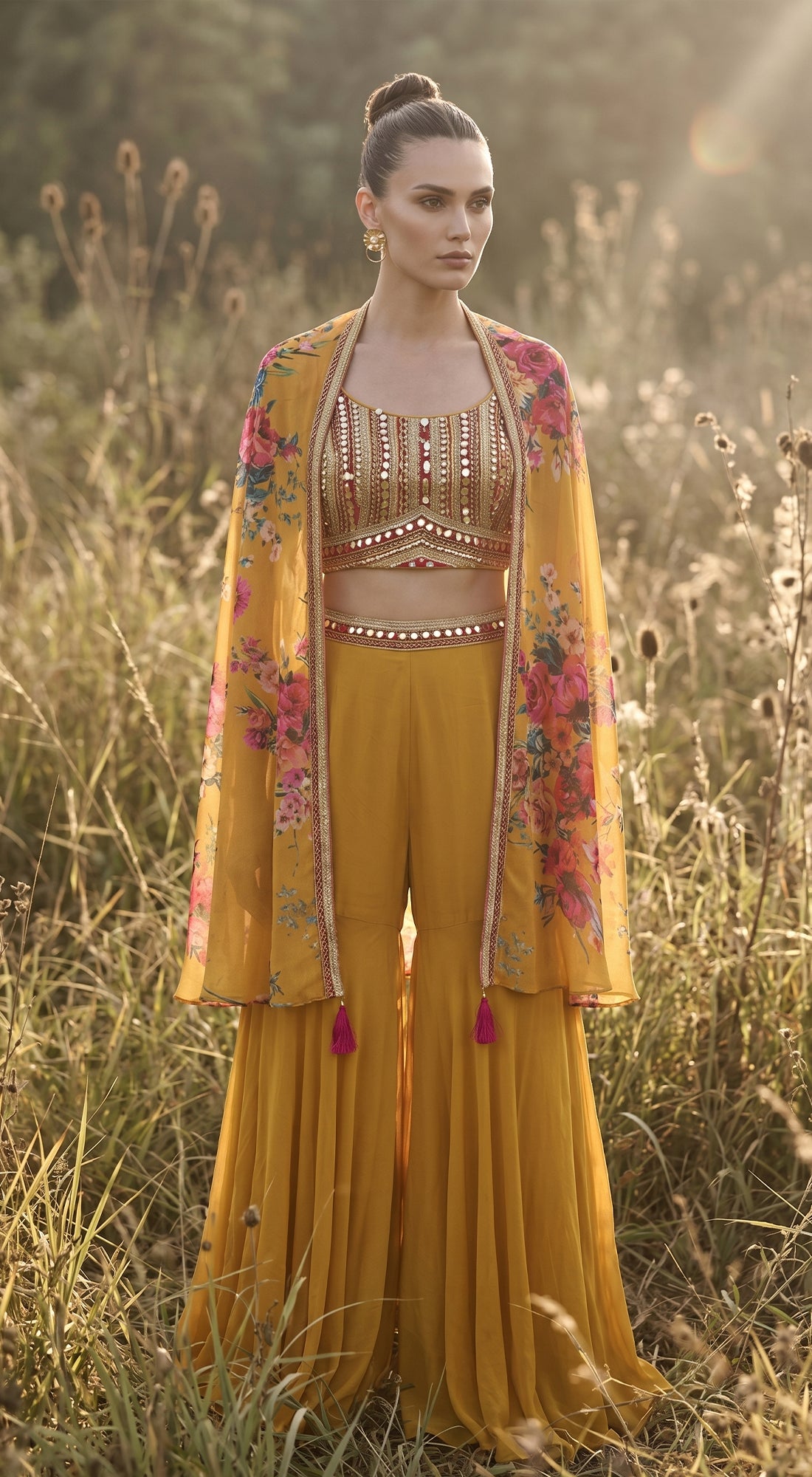 Yellow Georgette Embroidered Cape Set