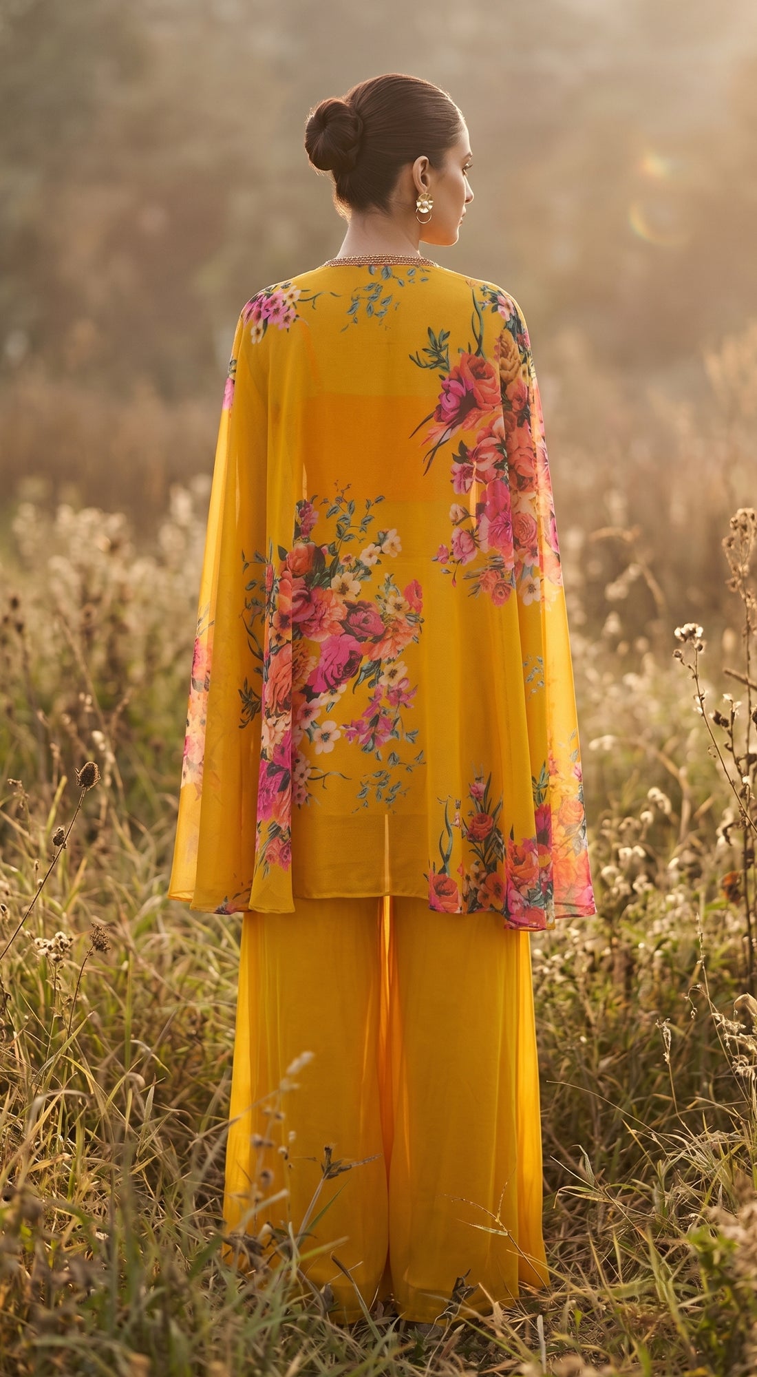 Yellow Georgette Embroidered Cape Set