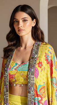 Lime Crepe Floral Embroidered Cape Set