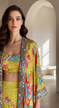 Lime Crepe Floral Embroidered Cape Set