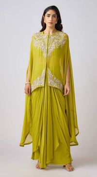 Lime Georgette Embroidered Kaftan Set