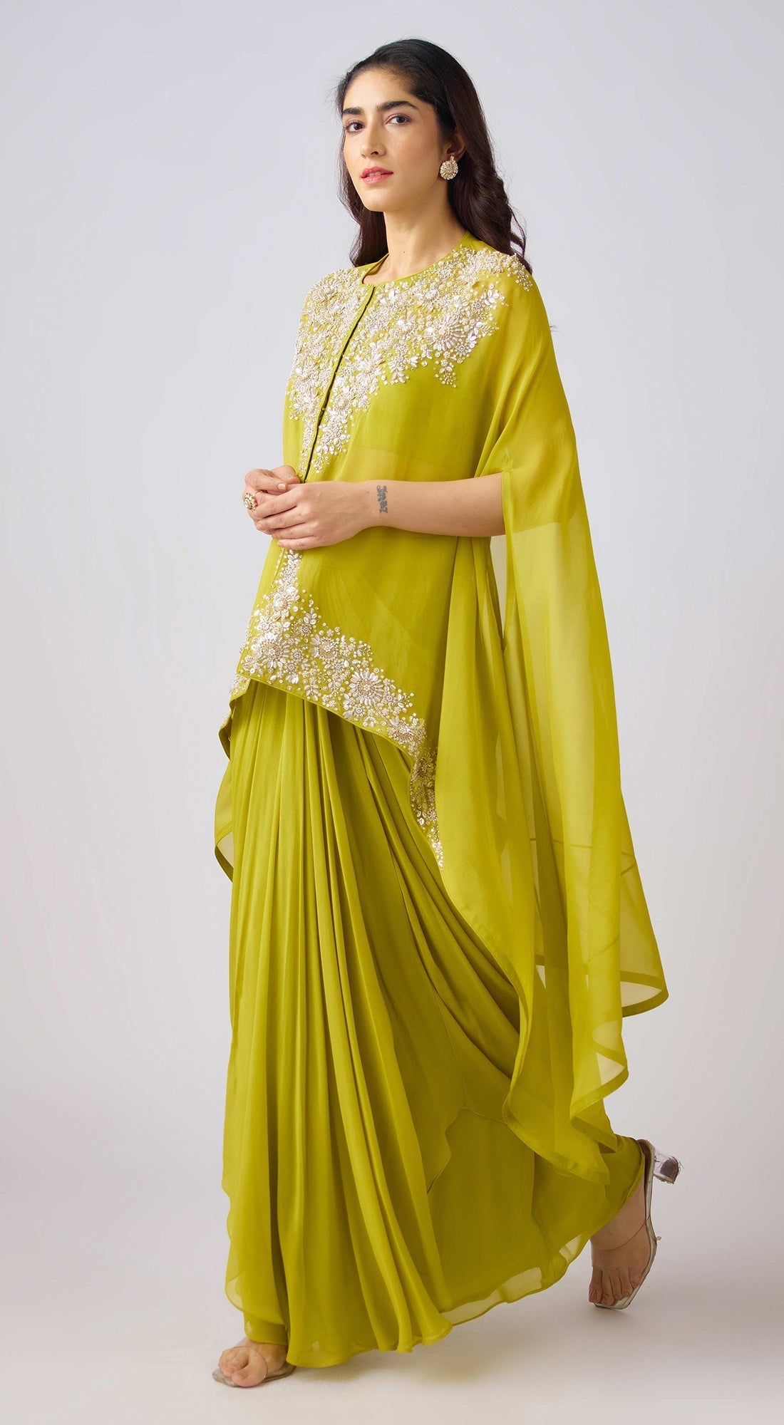 Lime Georgette Embroidered Kaftan Set