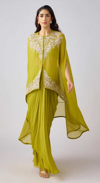 Lime Georgette Embroidered Kaftan Set