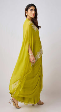 Lime Georgette Embroidered Kaftan Set