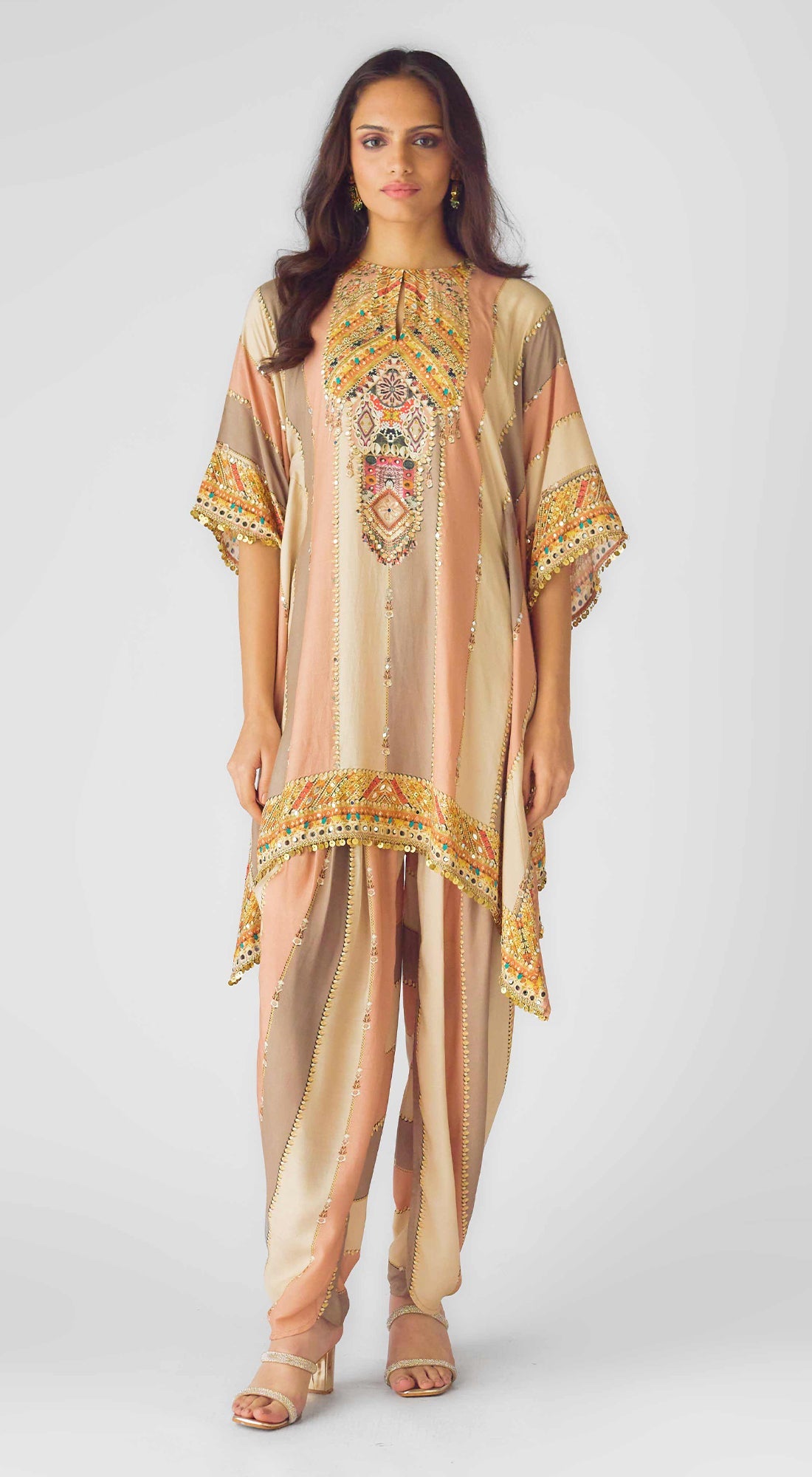 Peach Muslin Embroidered Kaftan Set