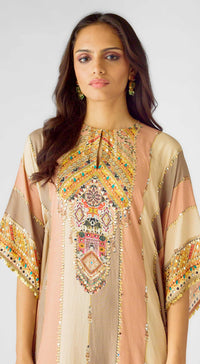 Peach Muslin Embroidered Kaftan Set