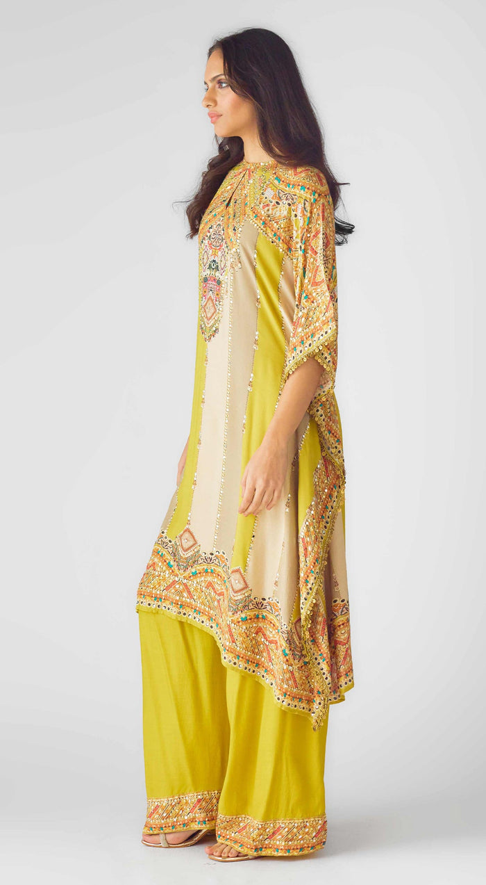 Lime Muslin Embroidered Kaftan Set
