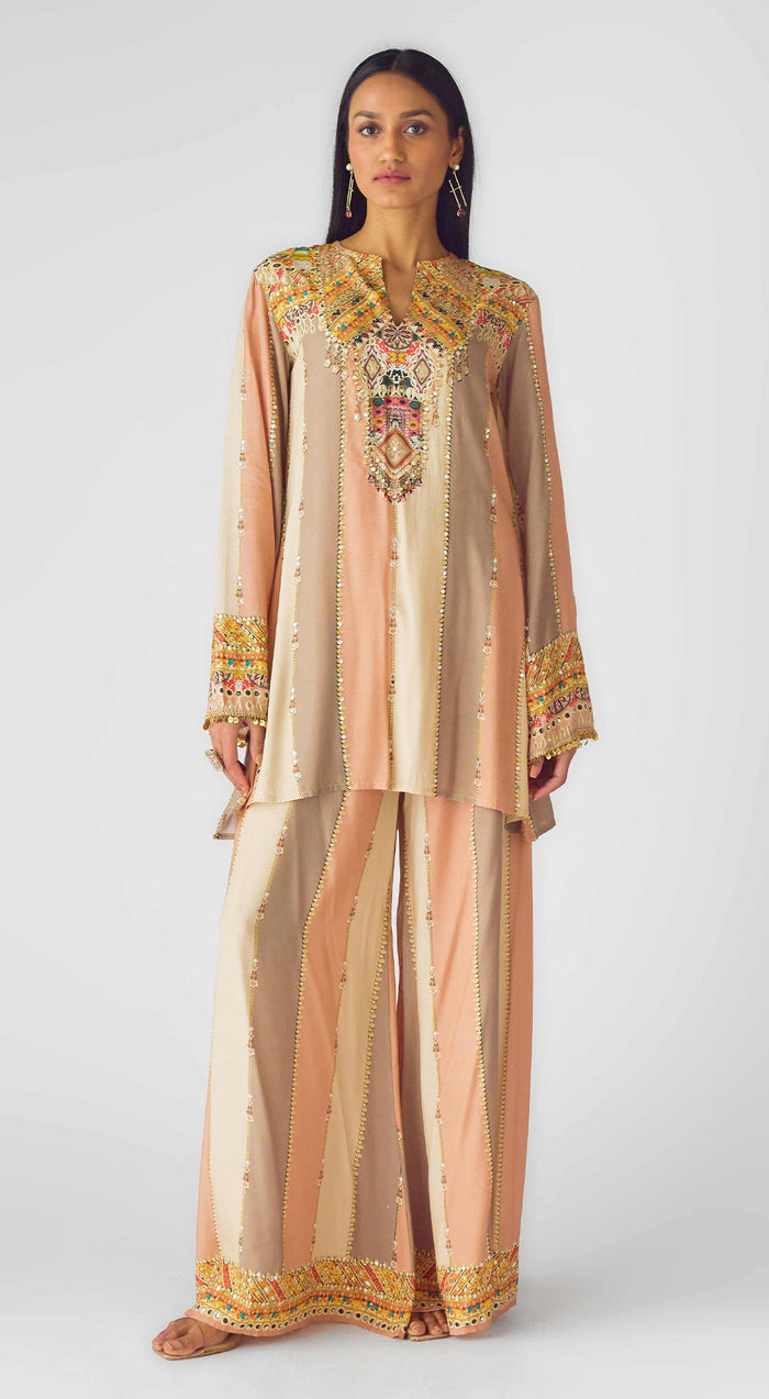 Peach Muslin Embroidered Kurta Set