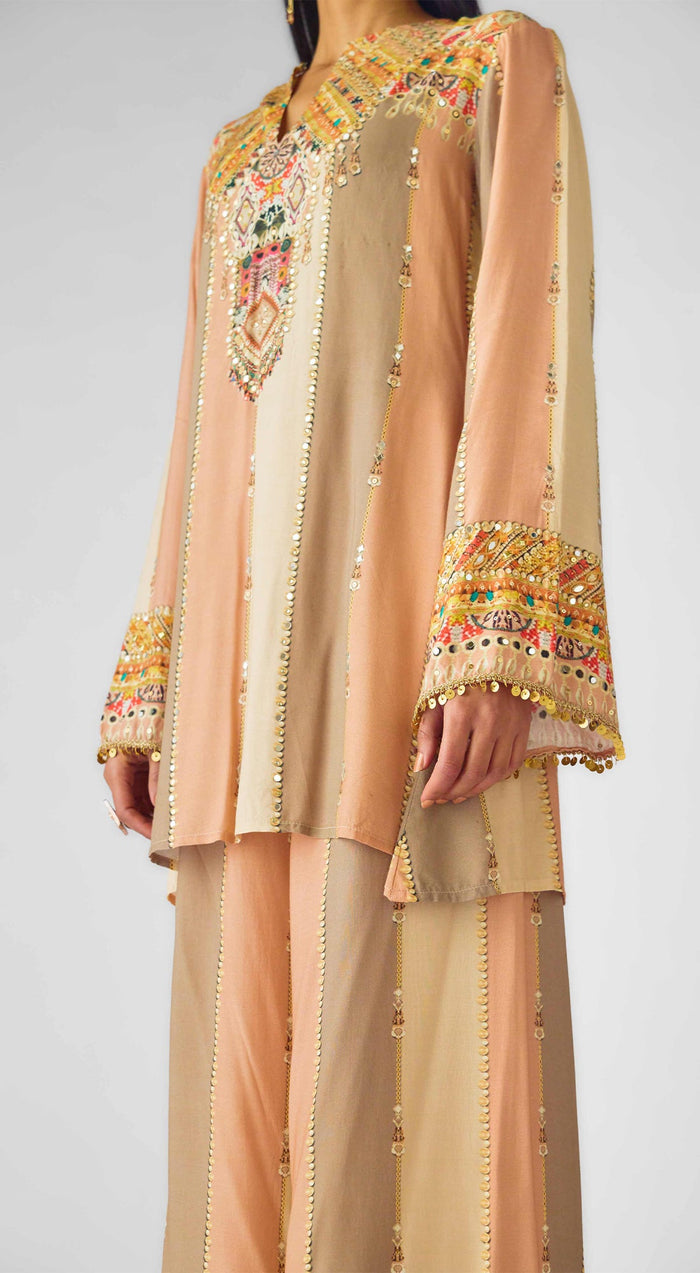 Peach Muslin Embroidered Kurta Set