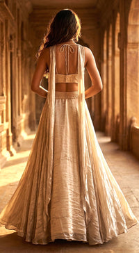 Matte- Gold Organza Embroidered Lehenga Set