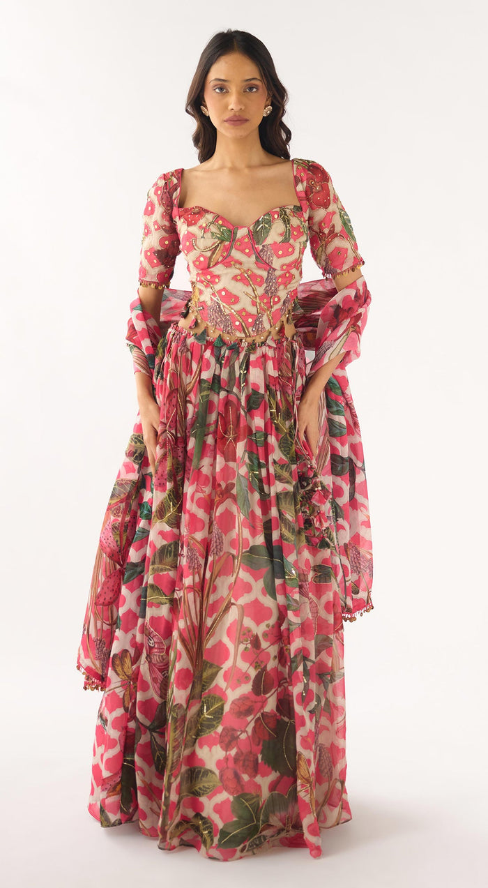 Pink Organza Embroidered Lehenga Set
