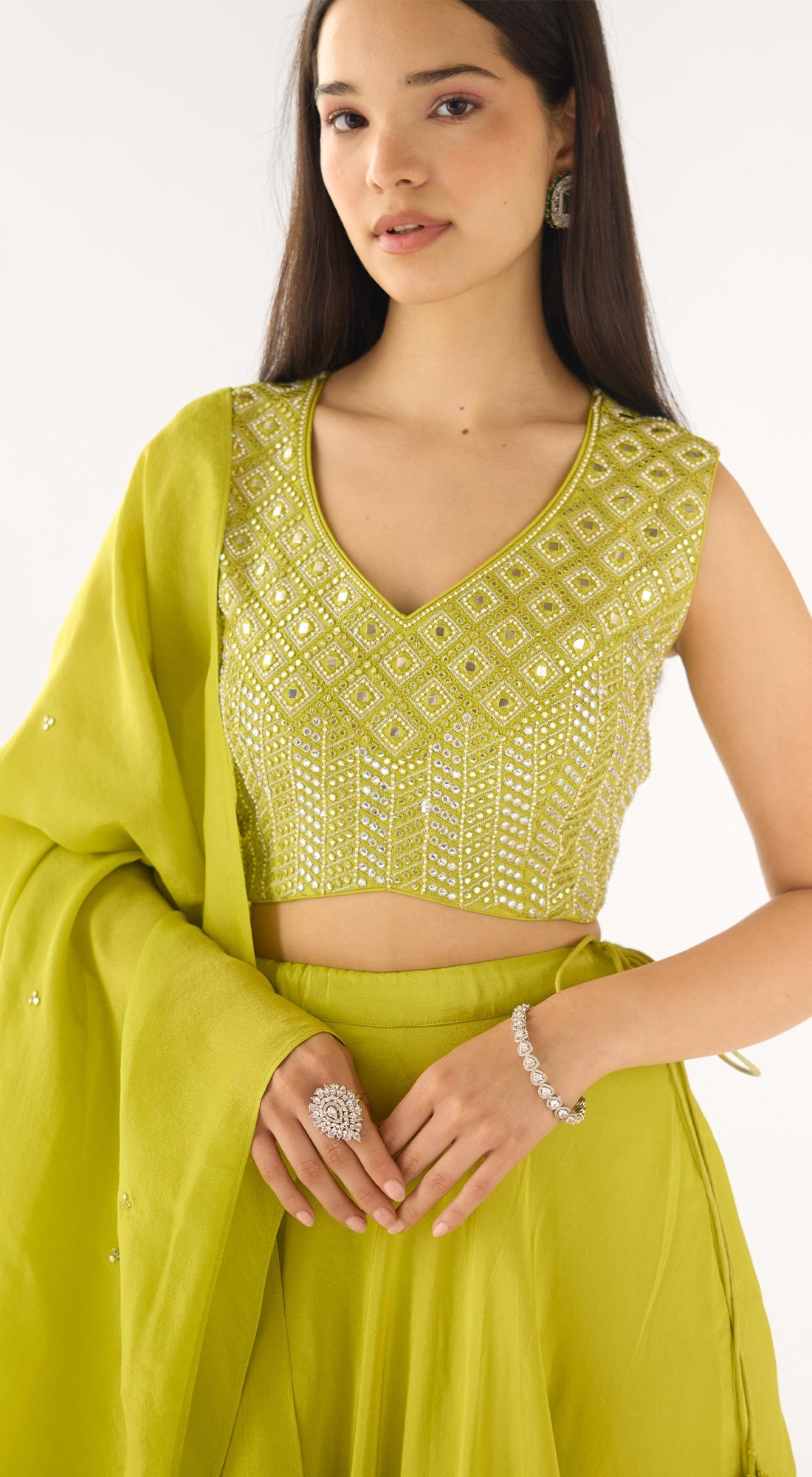 Lime Tissue Embroidered Lehenga Set