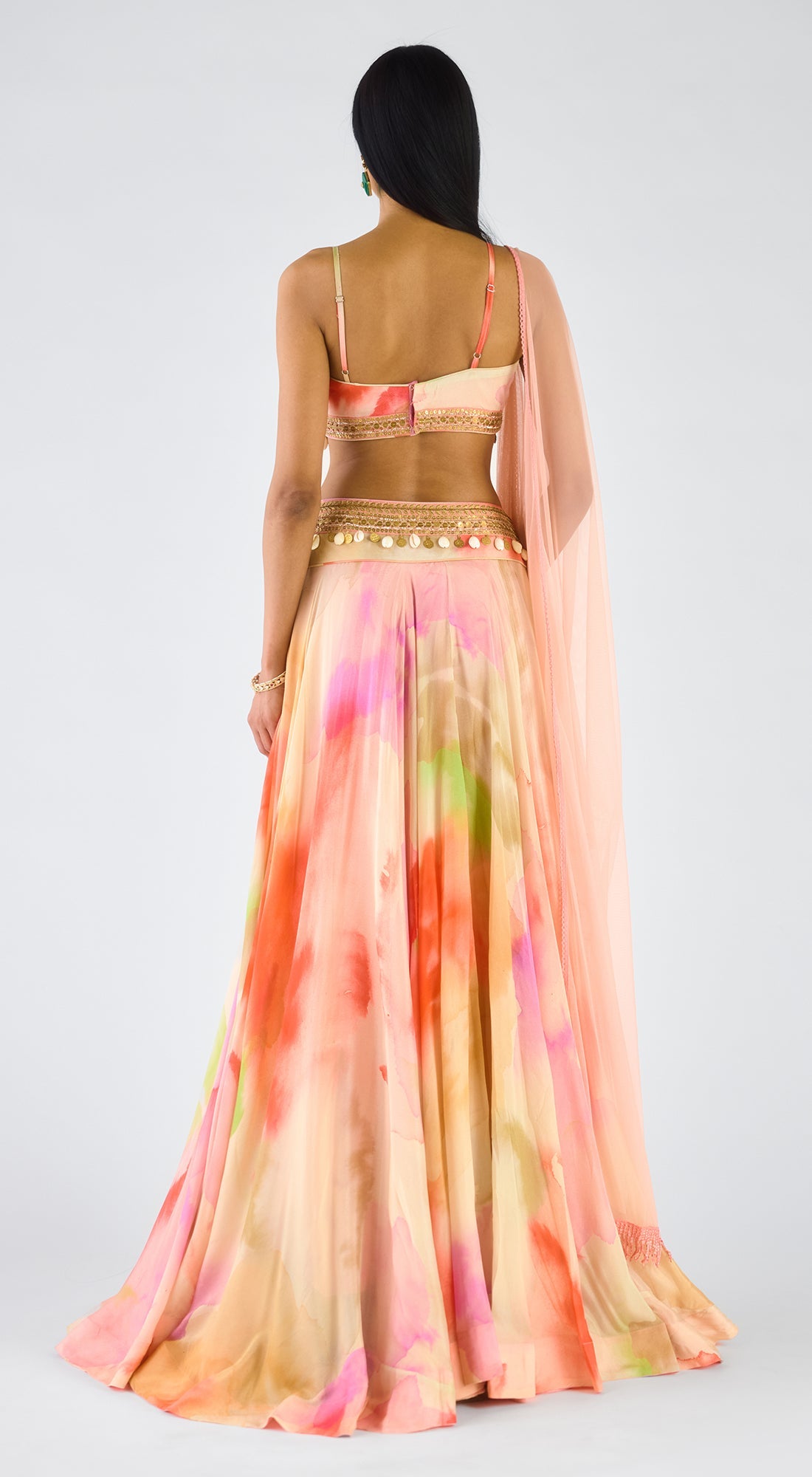 Multi Chiffon Embroidered Abstract Lehenga Set