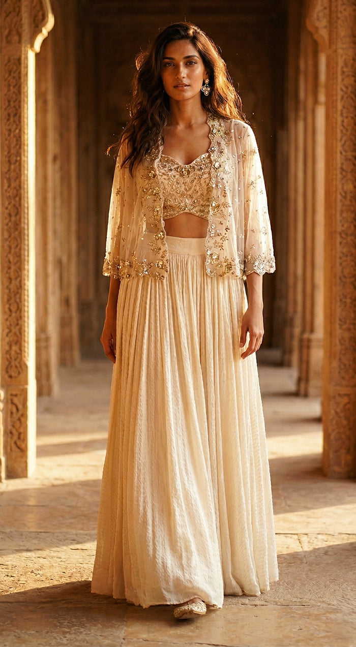 Peach Embroidered Lehenga Set with jacket