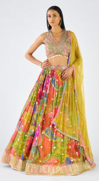 Lime Georgette Embroidered Lehenga Set
