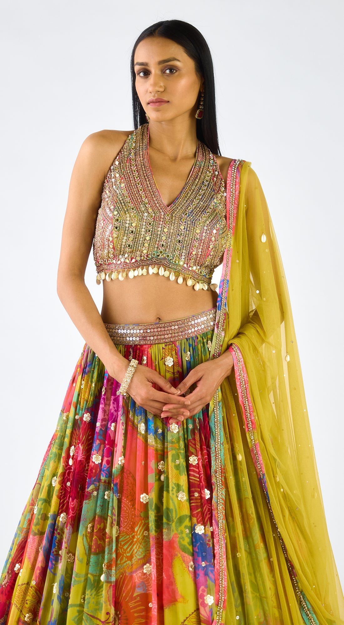 Lime Georgette Embroidered Lehenga Set