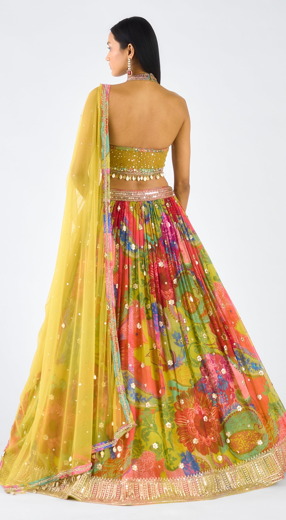 Lime Georgette Embroidered Lehenga Set