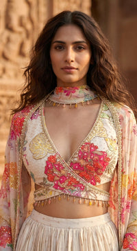 Ivory Georgette Embroidered Lehenga Set