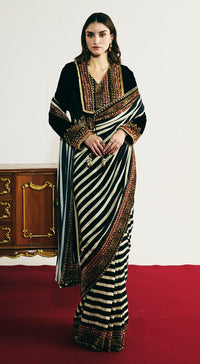 Black Velvet Embroidered Saree Set