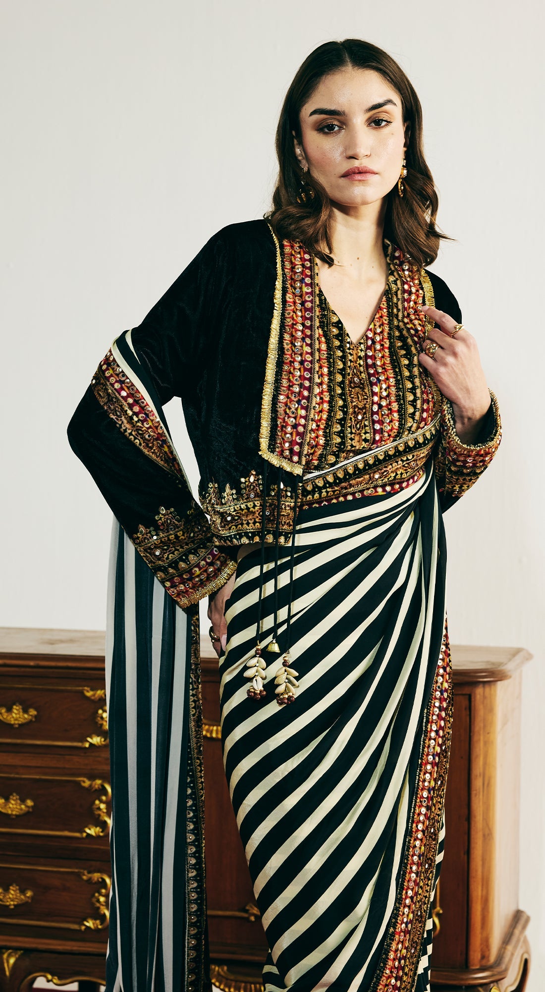 Black Velvet Embroidered Saree Set