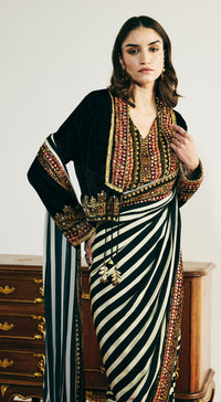 Black Velvet Embroidered Saree Set