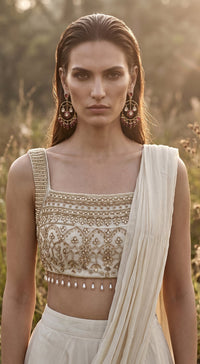 Ivory Georgette Embroidered Draped Saree