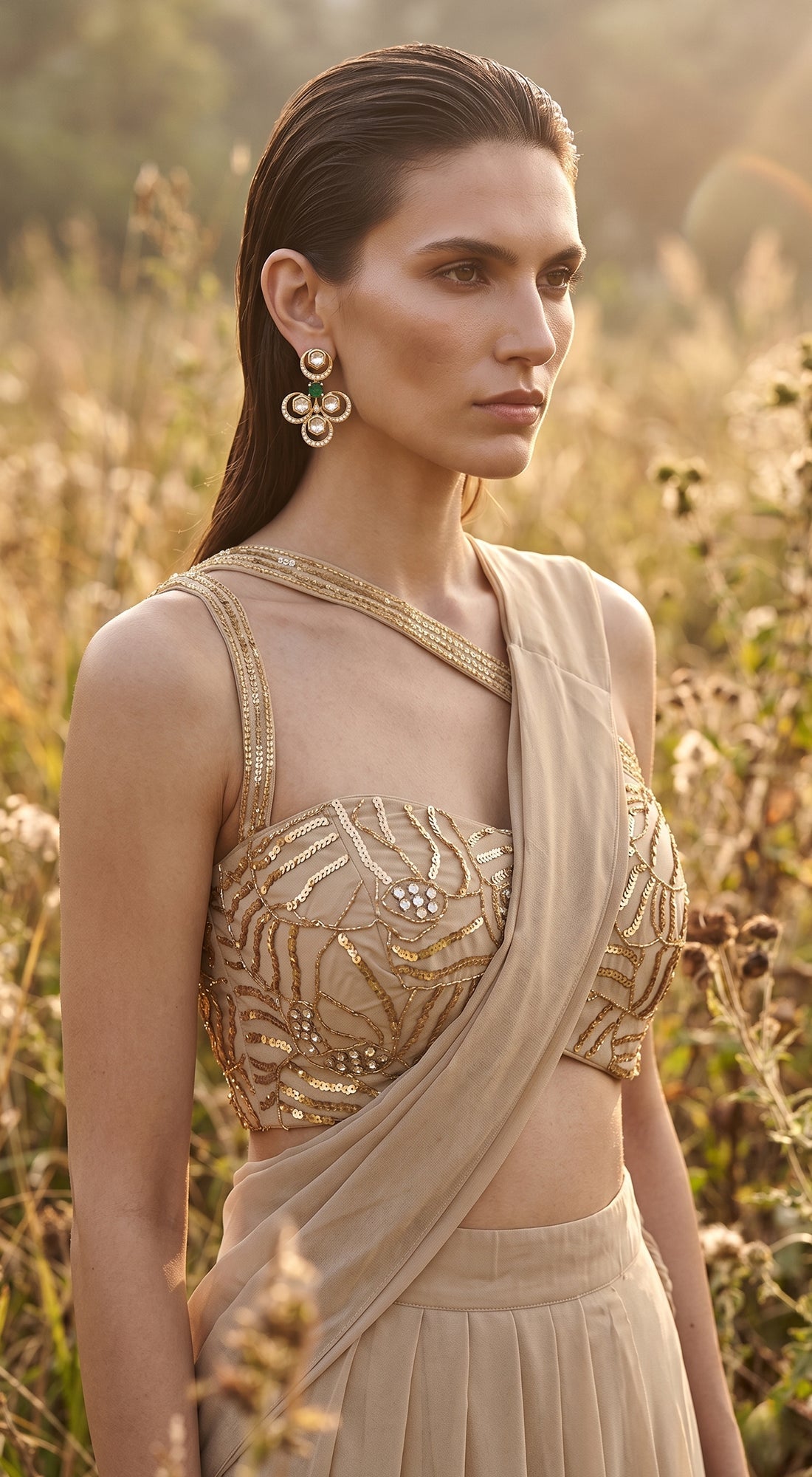 Beige Georgette Embroidered Draped Saree