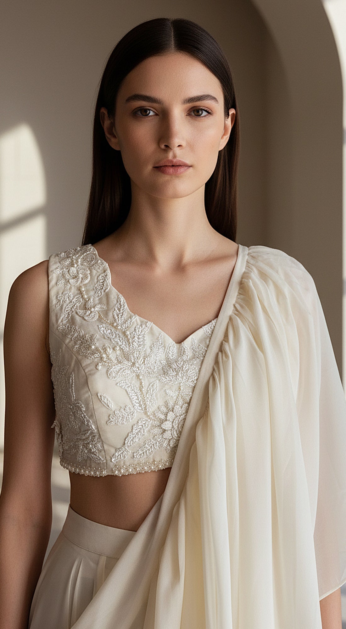 Ivory Organza Embroidered Pleated Saree