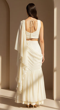 Ivory Organza Embroidered Pleated Saree